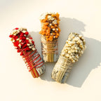 Floral sage sticks wrapped with hemp string - red, yellow, and white