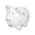 Floral ceramic piggy bank with pastel flowers