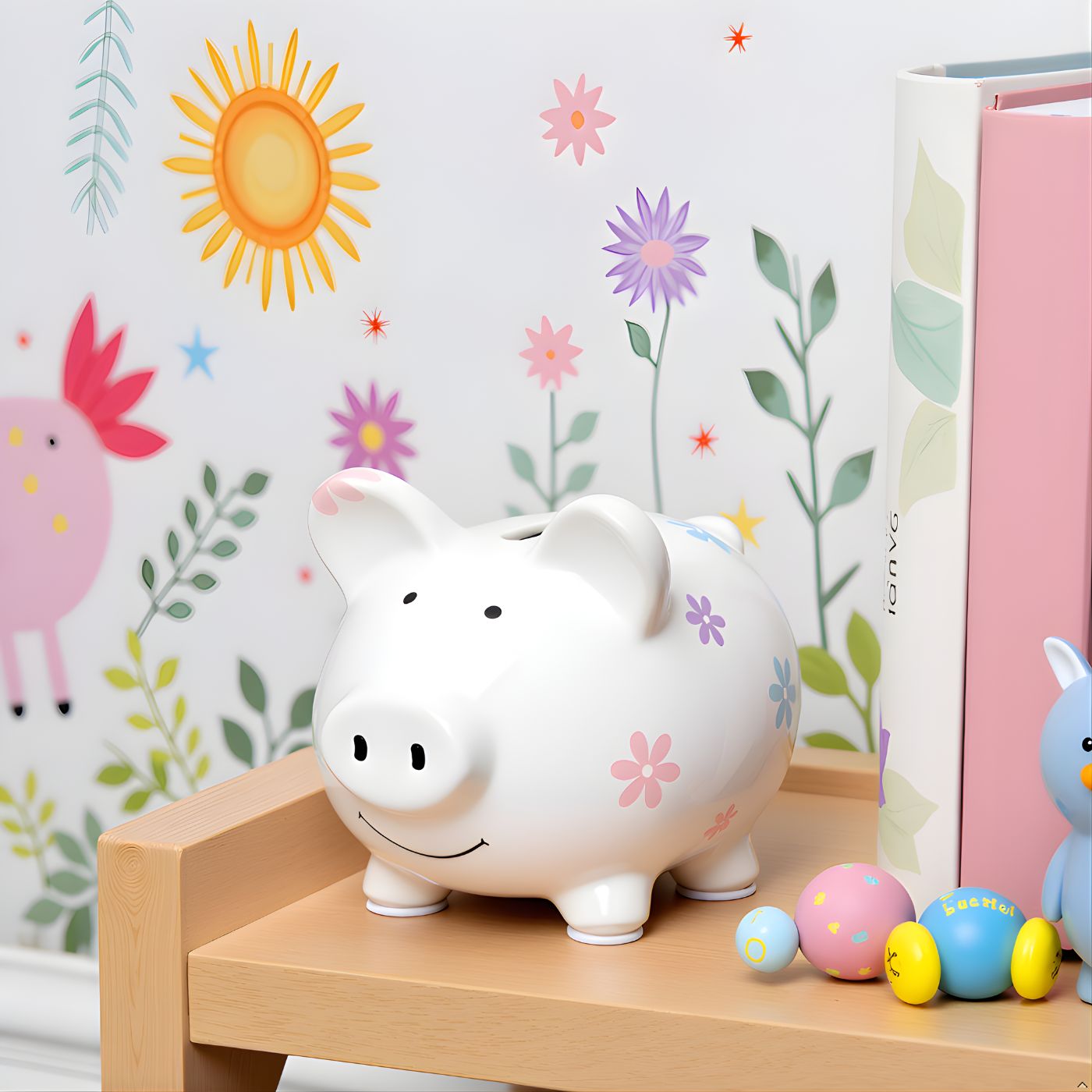 Coin bank on nursery shelf decor