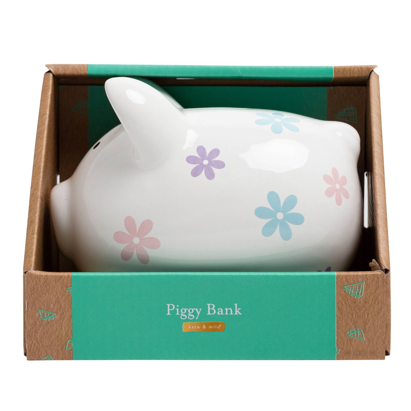 Floral ceramic piggy bank in packaging