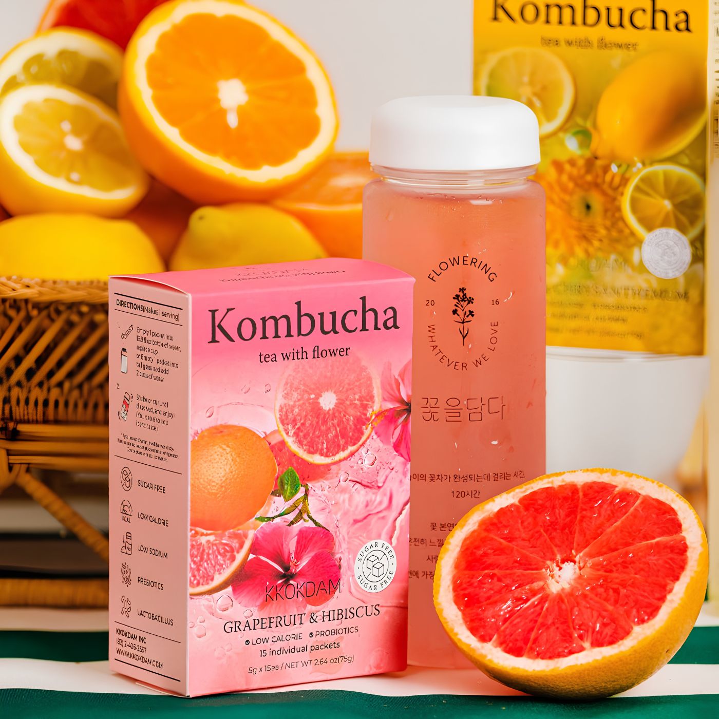 Grapefruit and hibiscus flower kombucha tea