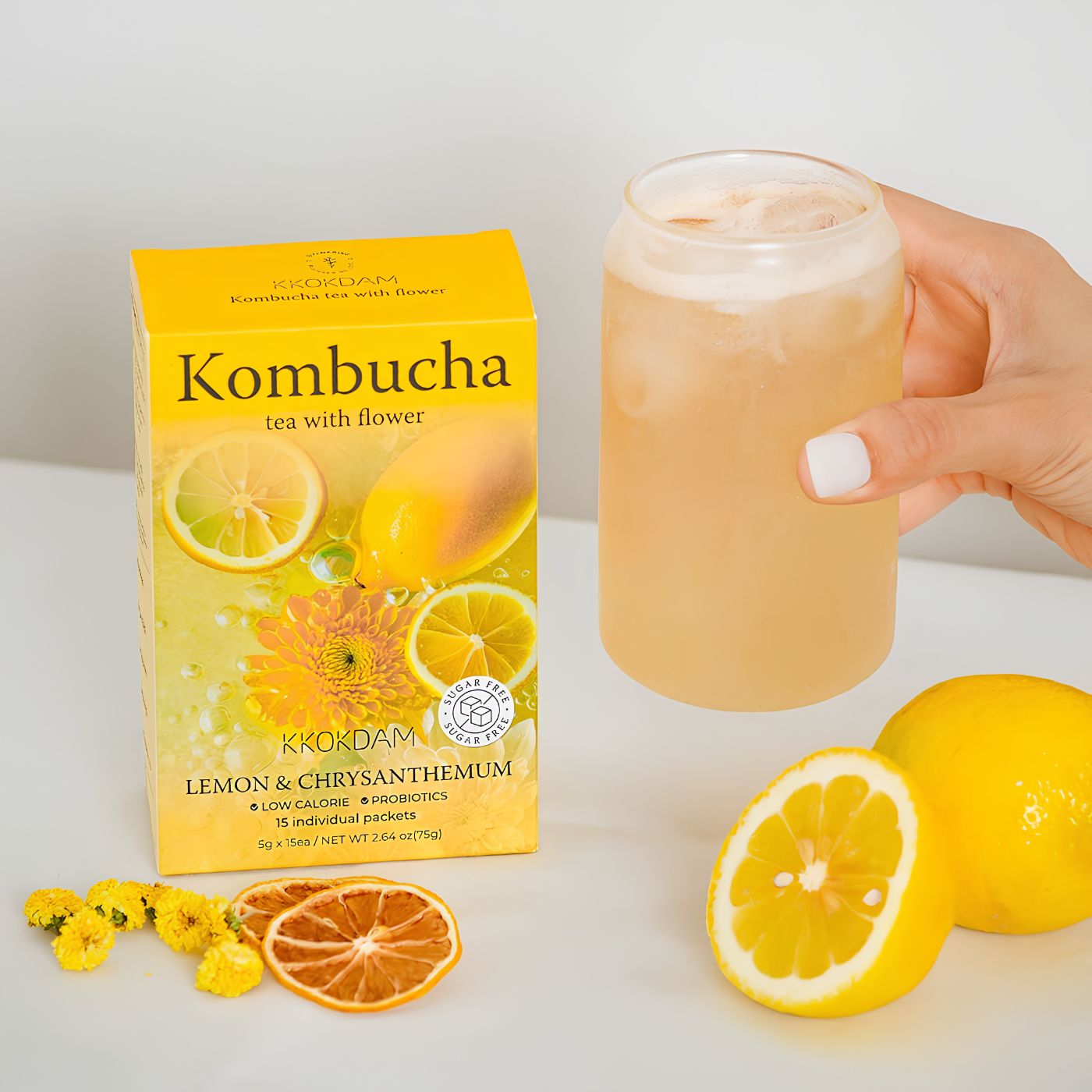 Floral kombucha tea with chrysanthemum