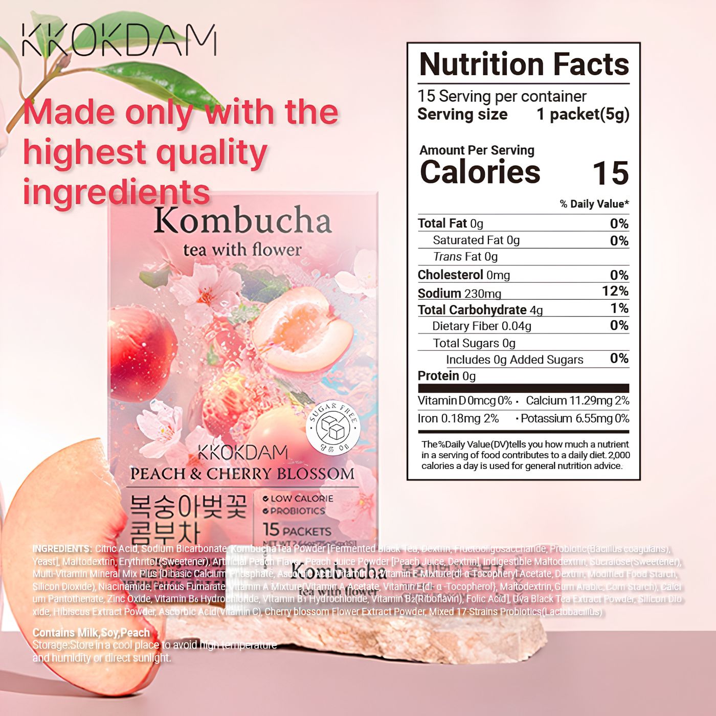 Low sugar peach kombucha tea packets