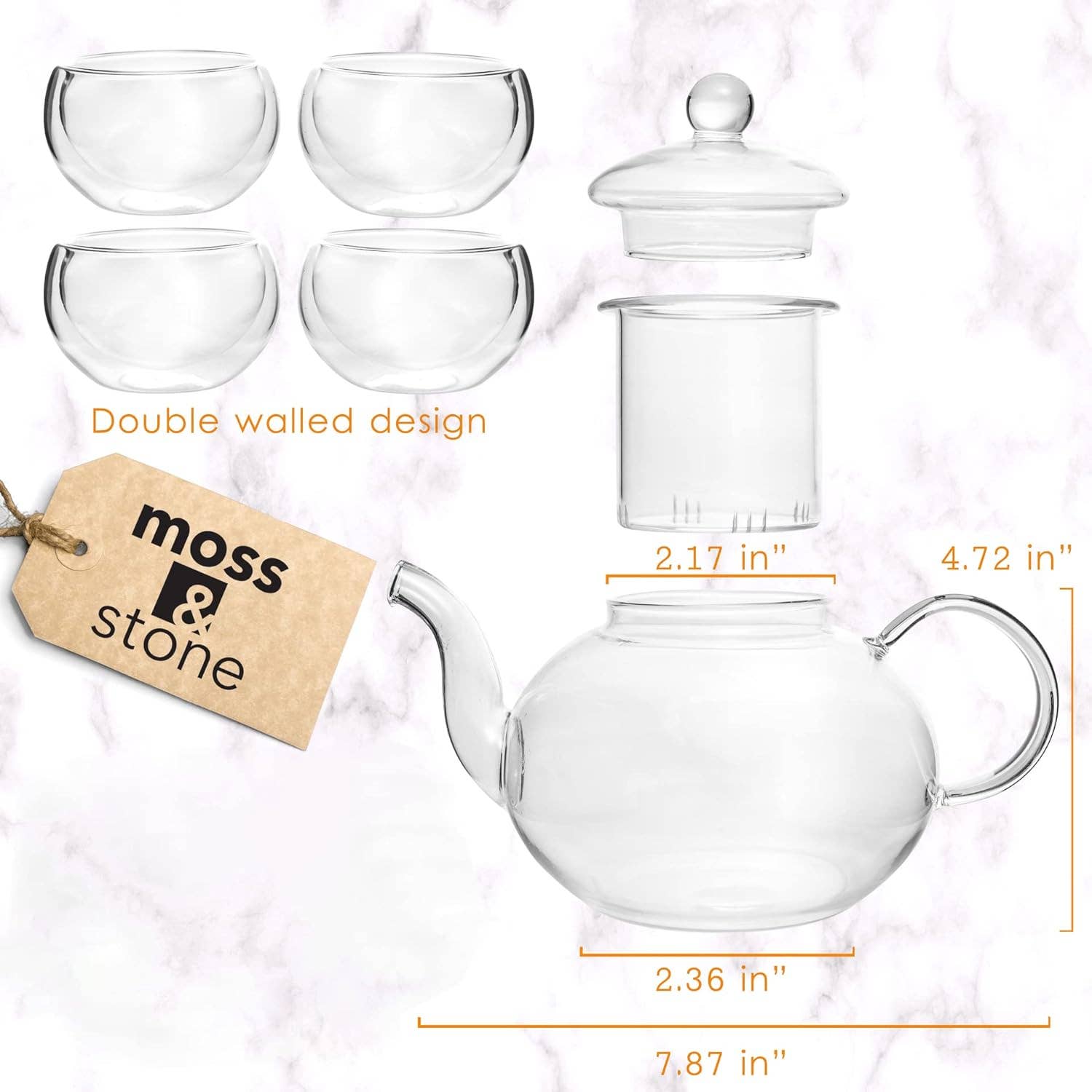 Glass tea pot with removable strainer and cups set