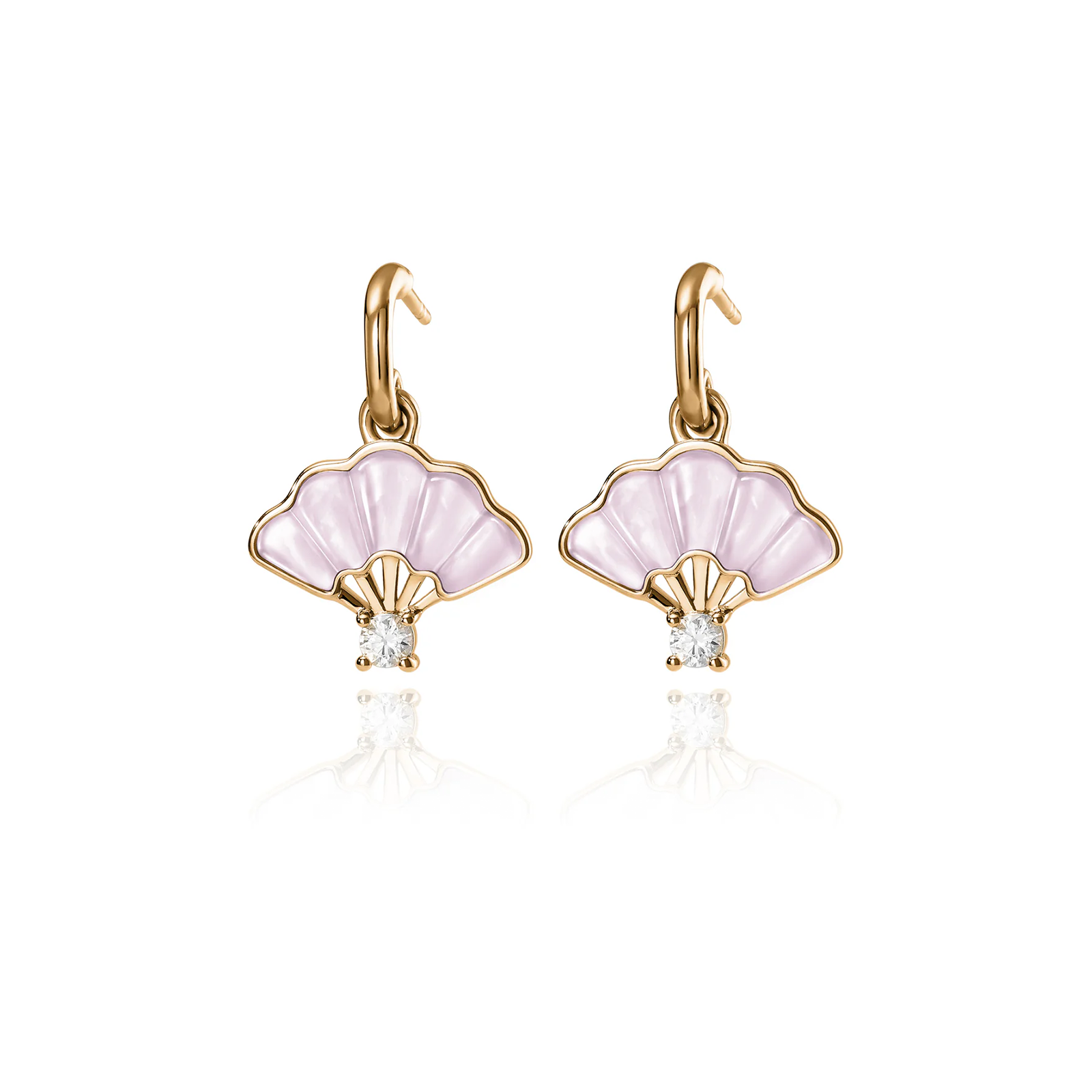 Floral Fan Dangle Earrings Gold with Pink Mother of Pearl Front - Shen Yun Collections