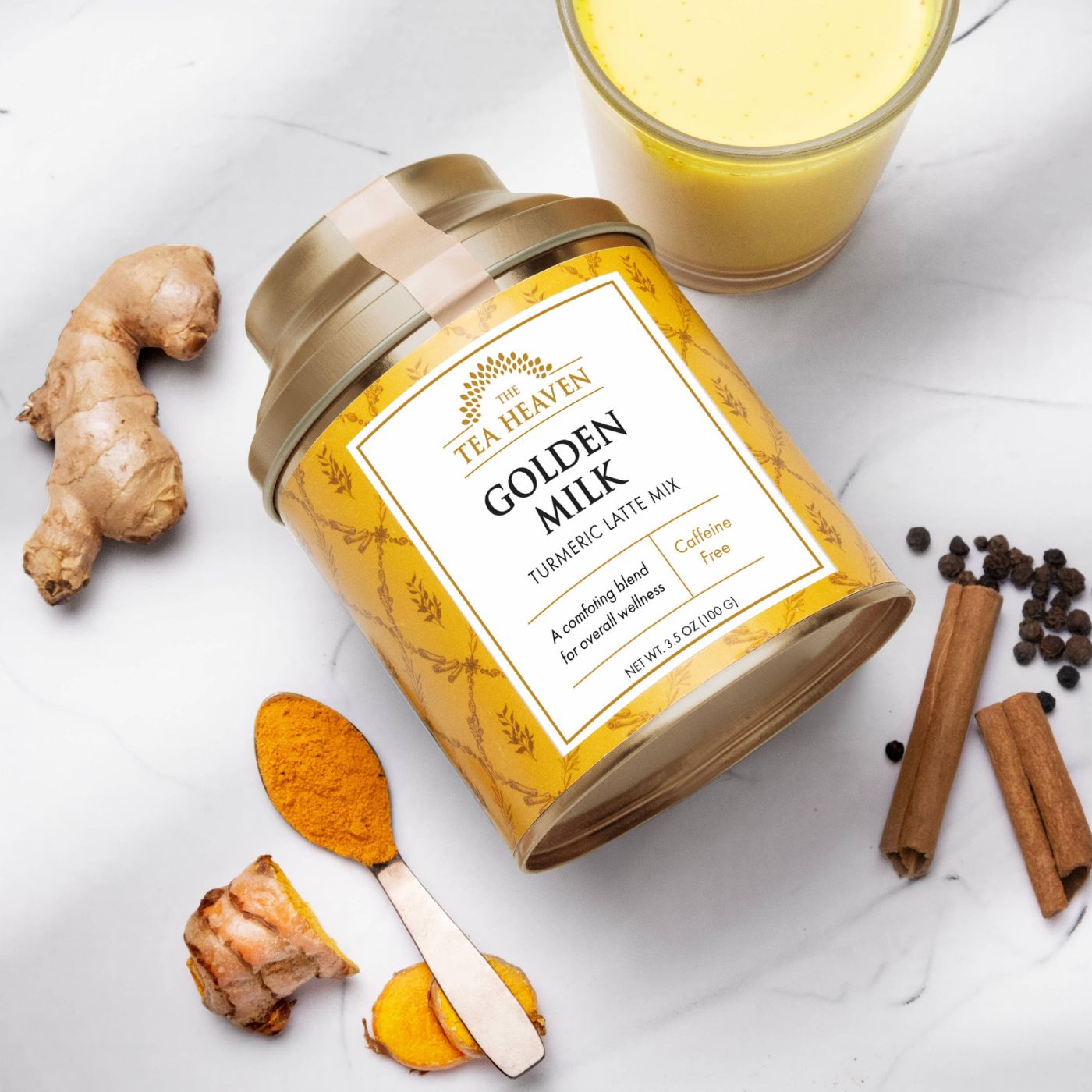 Turmeric latte powder with cinnamon and spices close up