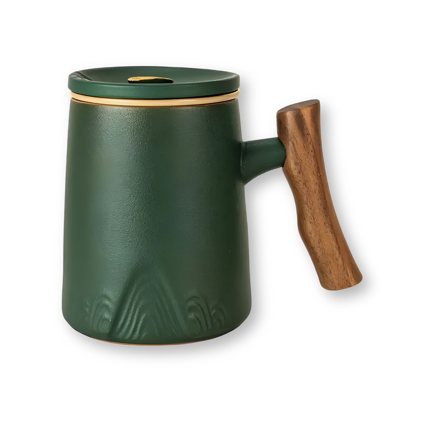 Porcelain tea mug with infuser and lid in deep green with wood handle