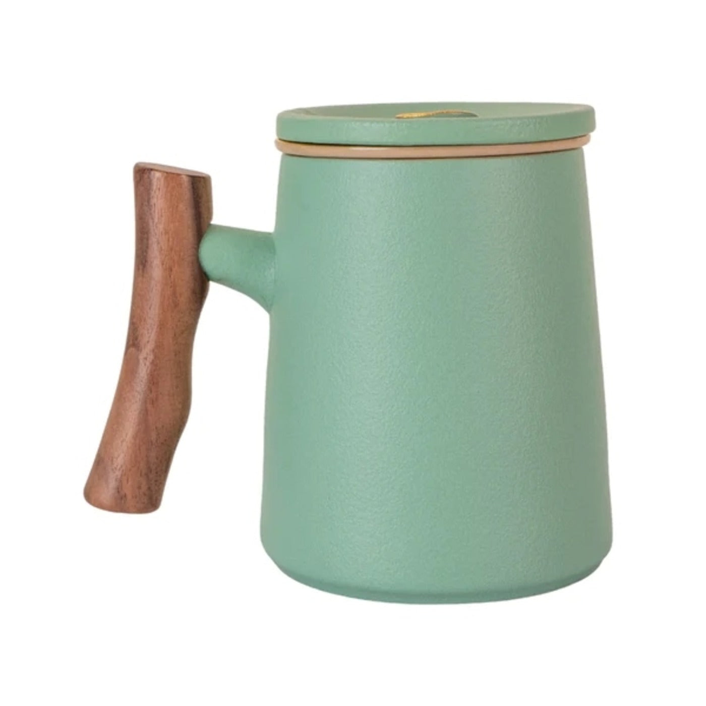Green porcelain tea cup with infuser and wood-look handle
