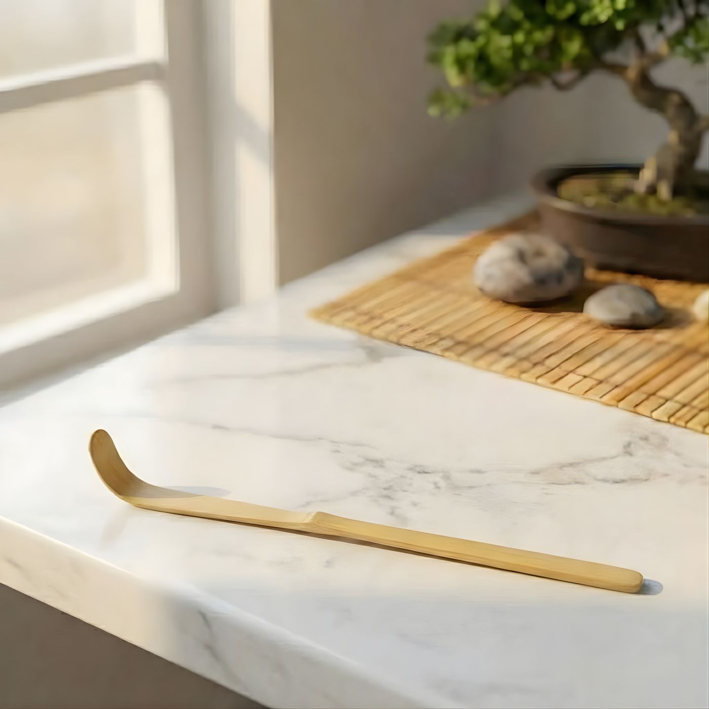 Natural bamboo scraping spoon on counter