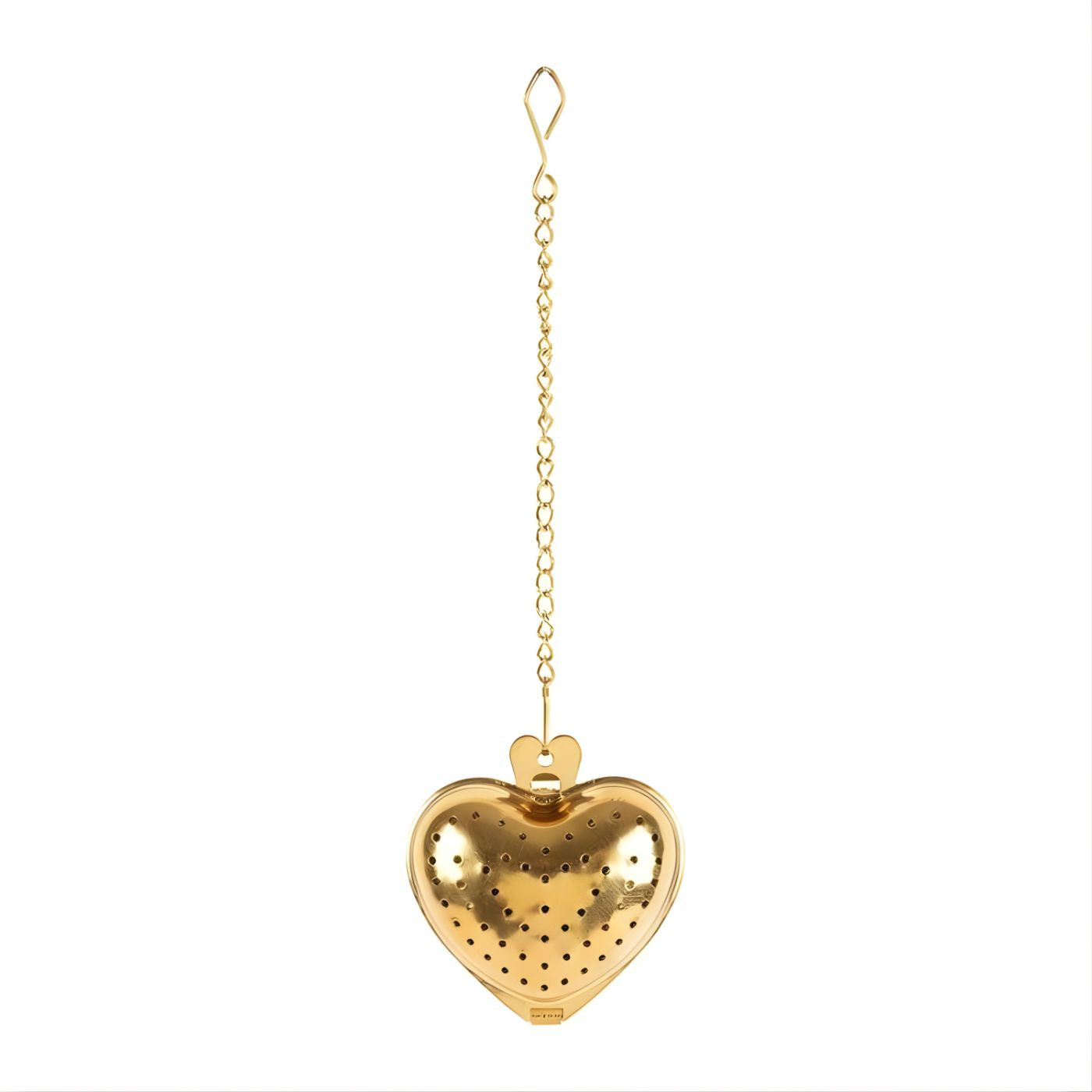Gold heart tea ball with fine mesh design front view