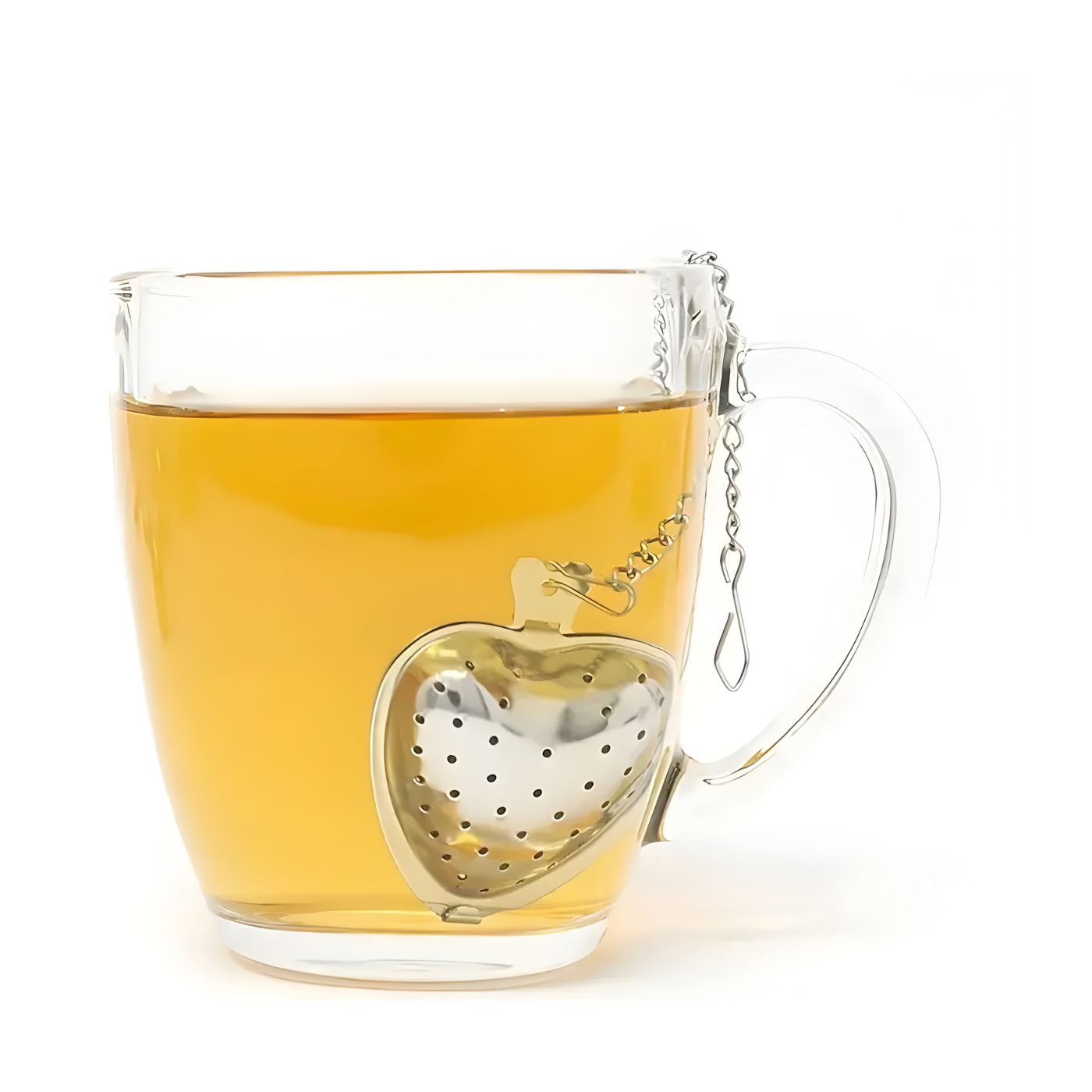 Heart tea strainer steeping loose leaf tea in glass tea cup
