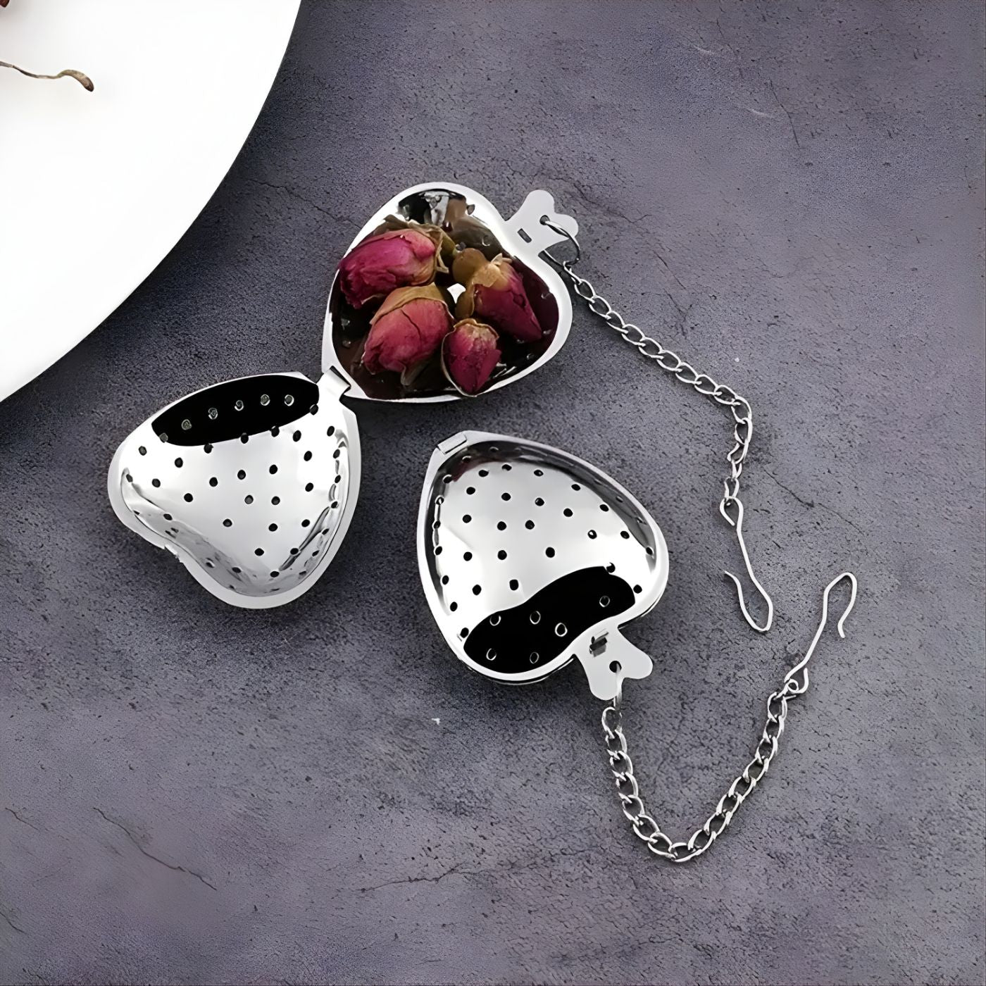 Open heart tea ball with flower buds