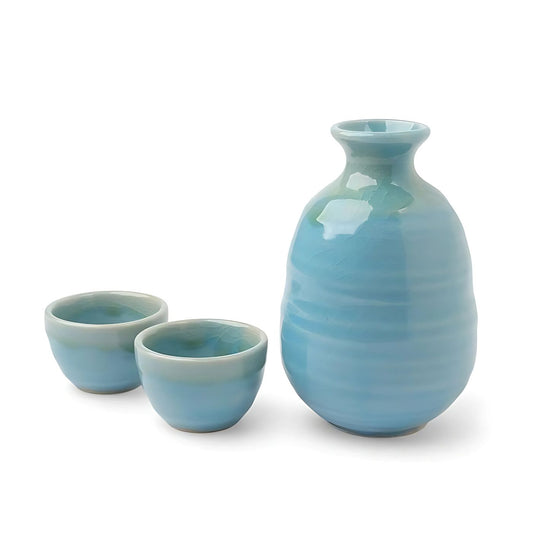 Jade Glaze Japanese Sake Set – Ceramic Sake Bottle with 2 Cups