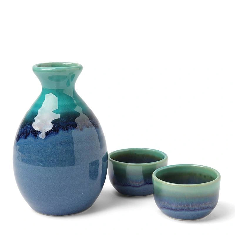 Jade ocean blue Japanese sake set with ceramic bottle and two cups
