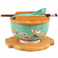 Japanese Crane porcelain bowl set with bamboo lid and chopsticks