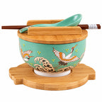 Japanese Crane porcelain bowl set with bamboo lid and chopsticks