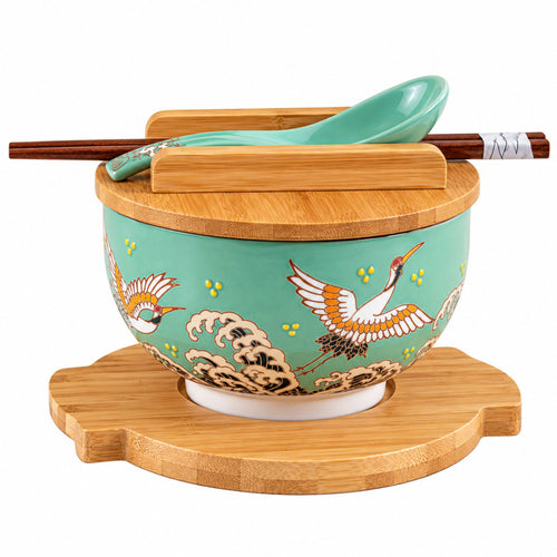 Japanese Crane porcelain bowl set with bamboo lid and chopsticks