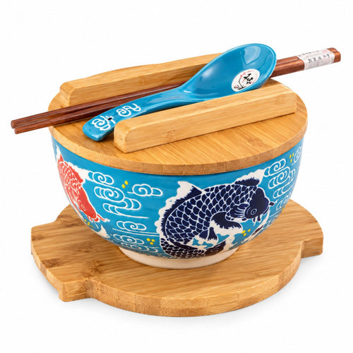 Japanese Koi Fish porcelain bowl set with bamboo lid and chopsticks