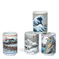 Japanese tea cups set of four with Hiroshige and Hokusai landscape prints