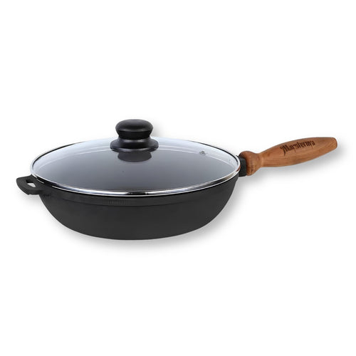 Maysternya 24 cm cast iron frying pan with wooden handle and glass lid