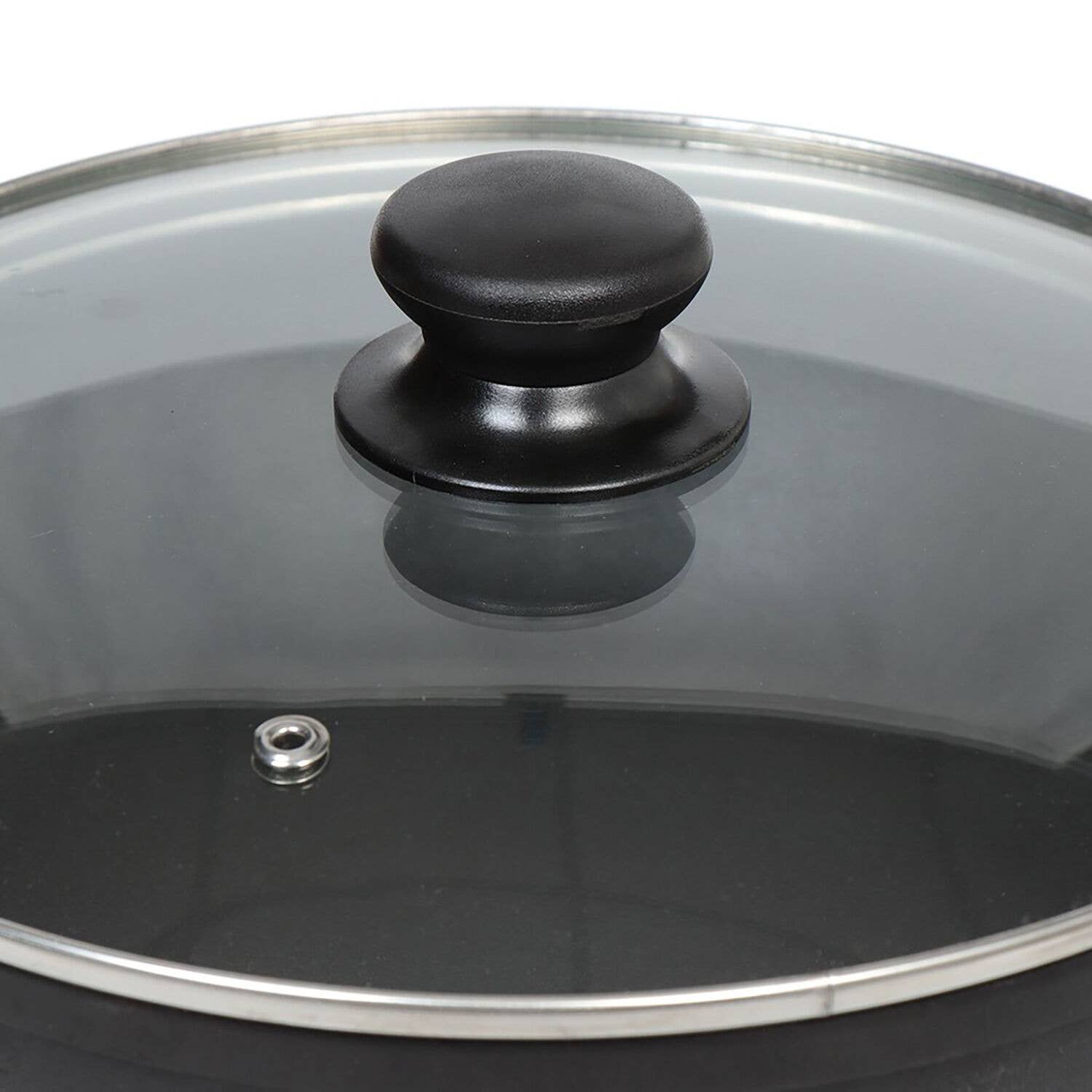 Deep cast iron frying pan with tempered glass lid