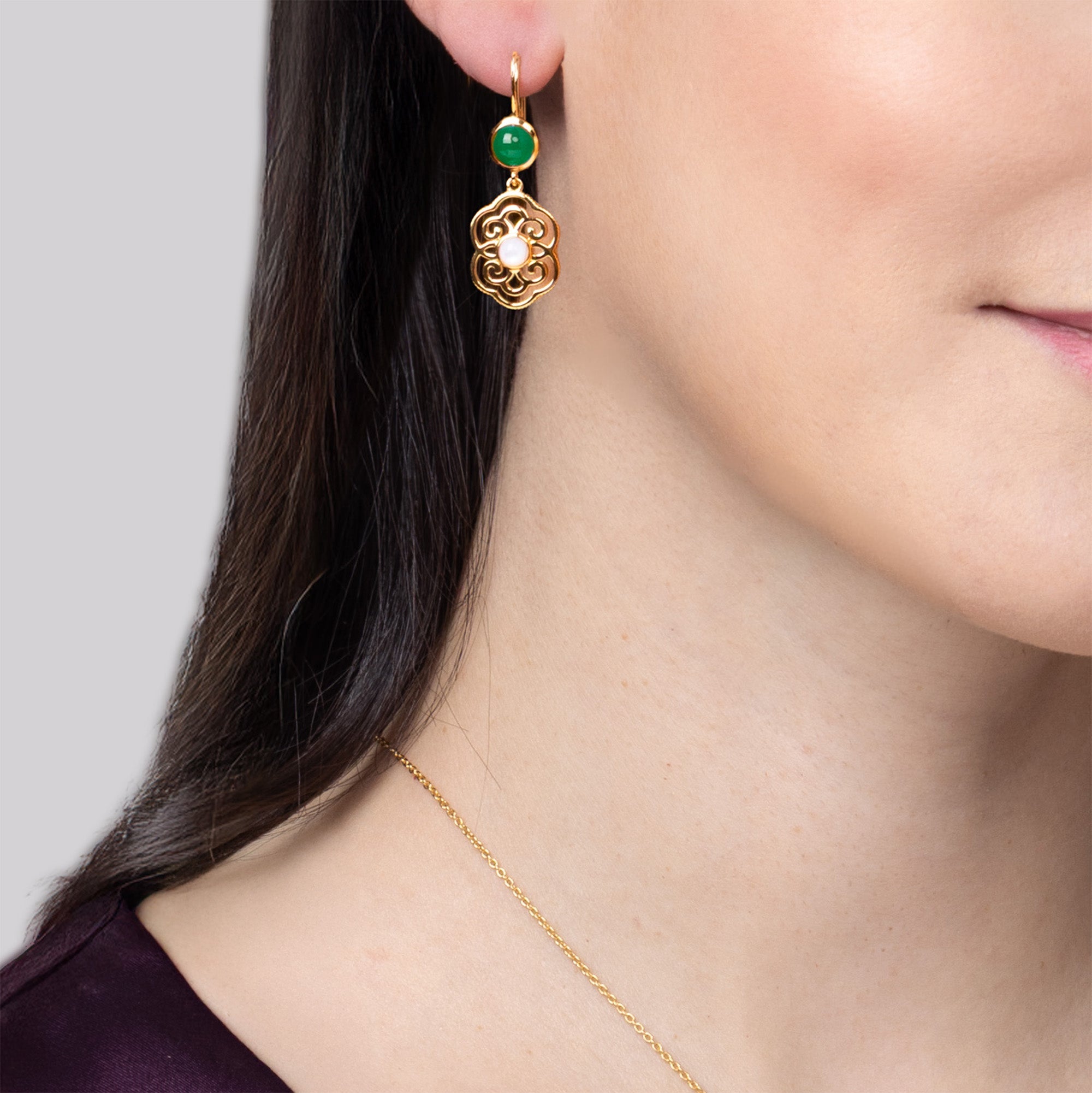 Blissful Ruyi Hook Earrings Green Agate