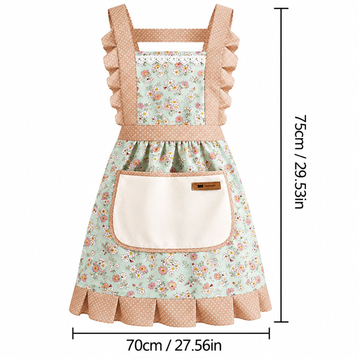 Green floral princess kitchen apron with polka-dot ruffle trim