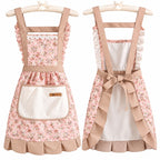 Pink vintage floral cooking apron with cream front pocket