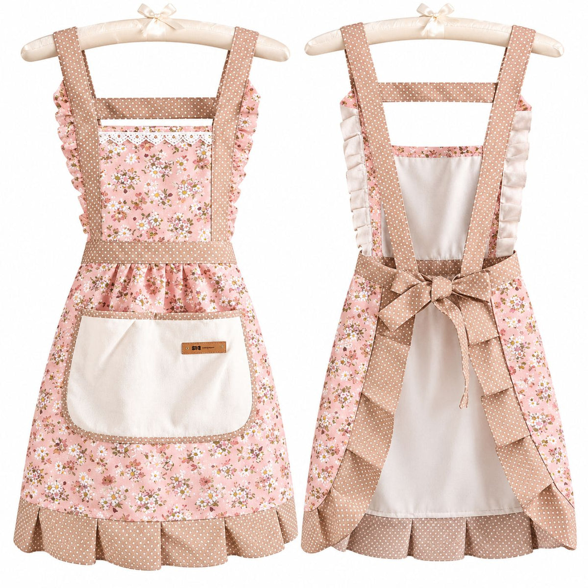 Pink vintage floral cooking apron with cream front pocket