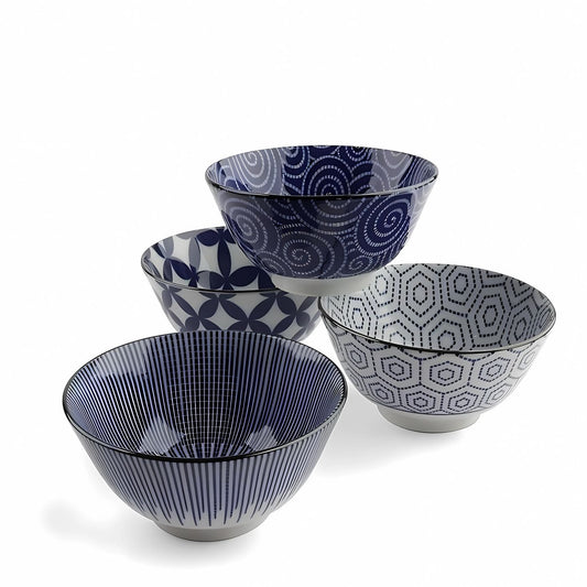 Modern Indigo Japanese Bowl Set – 4 Small Ceramic Serving Bowls, 5.25 Inch