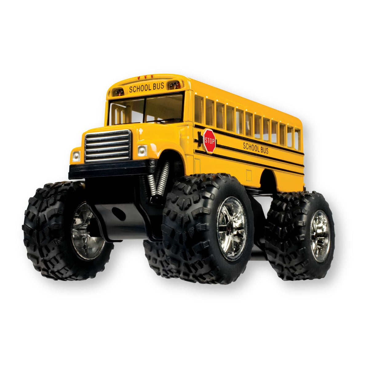 Yellow school bus with monster truck wheels