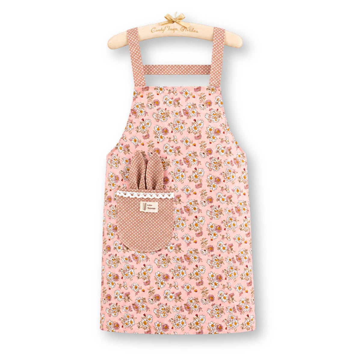 Pink vintage floral kitchen apron with gingham pocket and straps