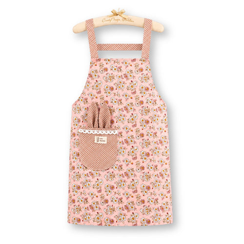 Pink vintage floral kitchen apron with gingham pocket and straps