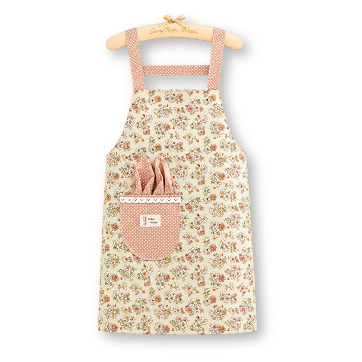 Green vintage floral kitchen apron with gingham details