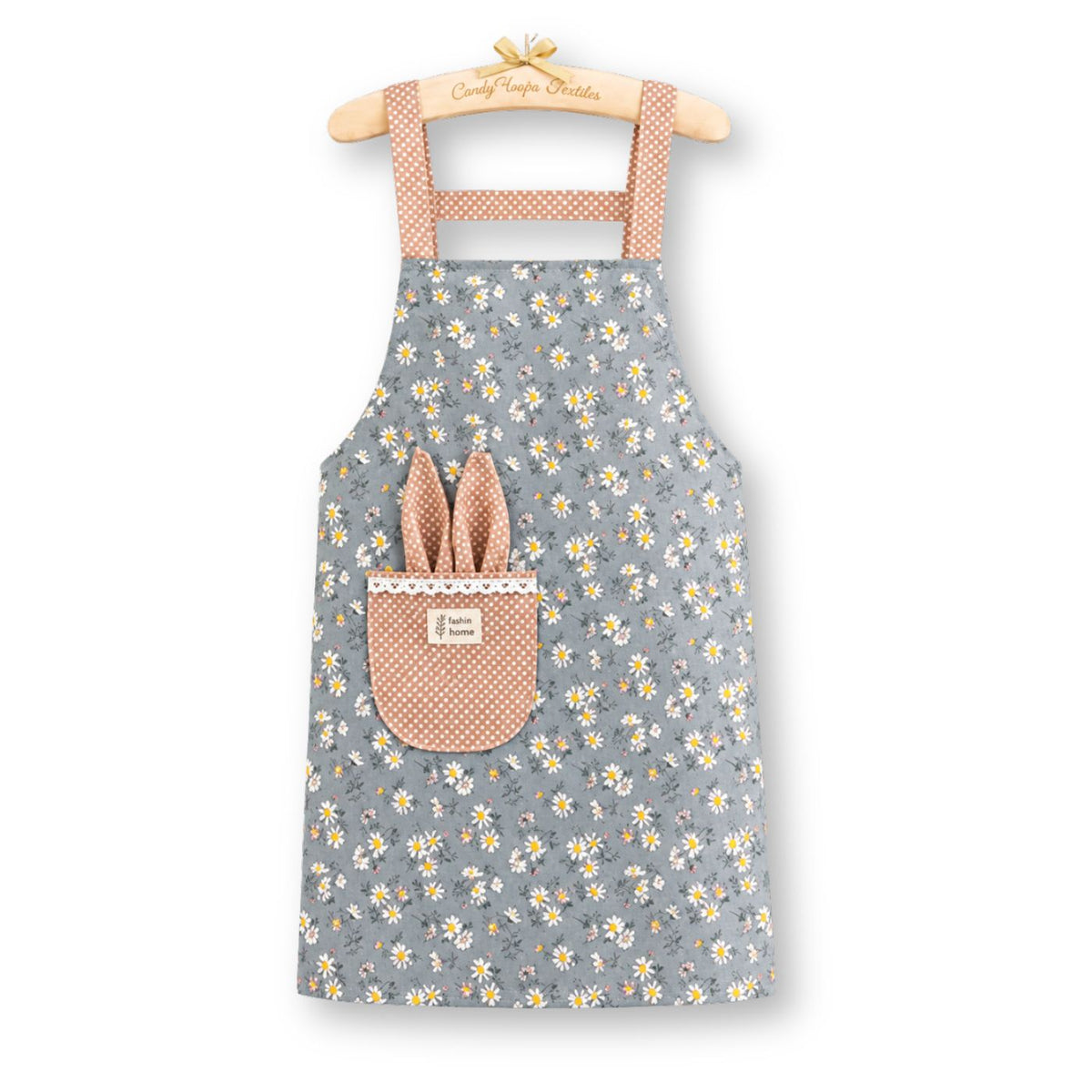 Blue vintage floral kitchen apron with contrasting gingham pocket
