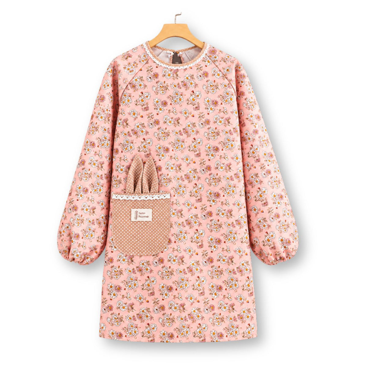 Pink long-sleeve floral apron coat with gingham pocket