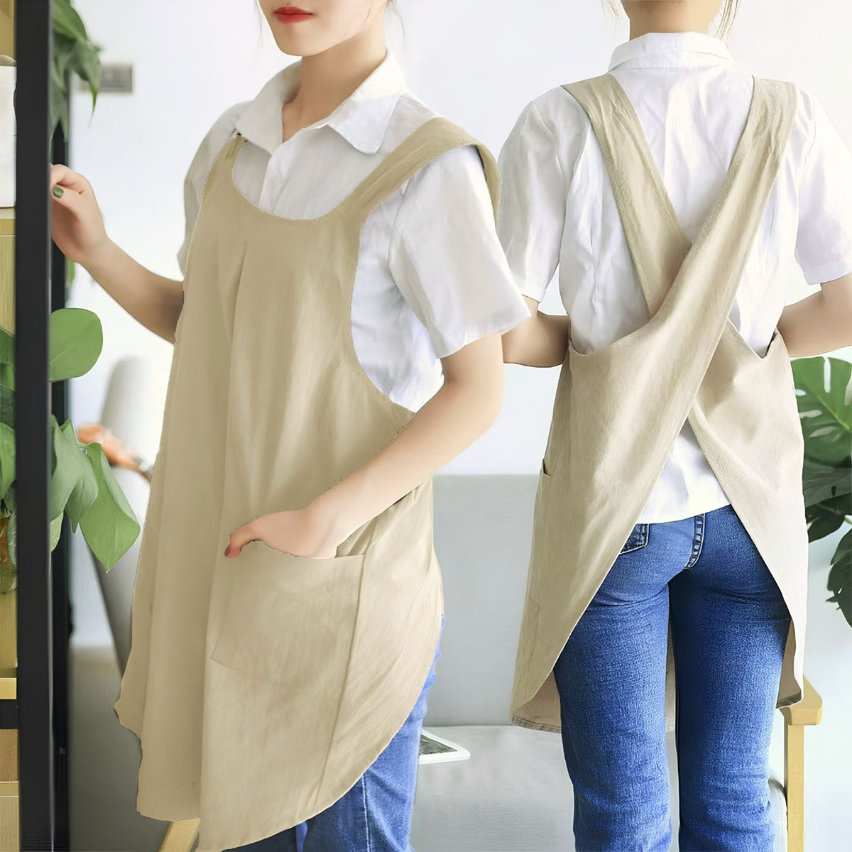 NINEXIS khaki cotton and linen cross-back apron with pockets