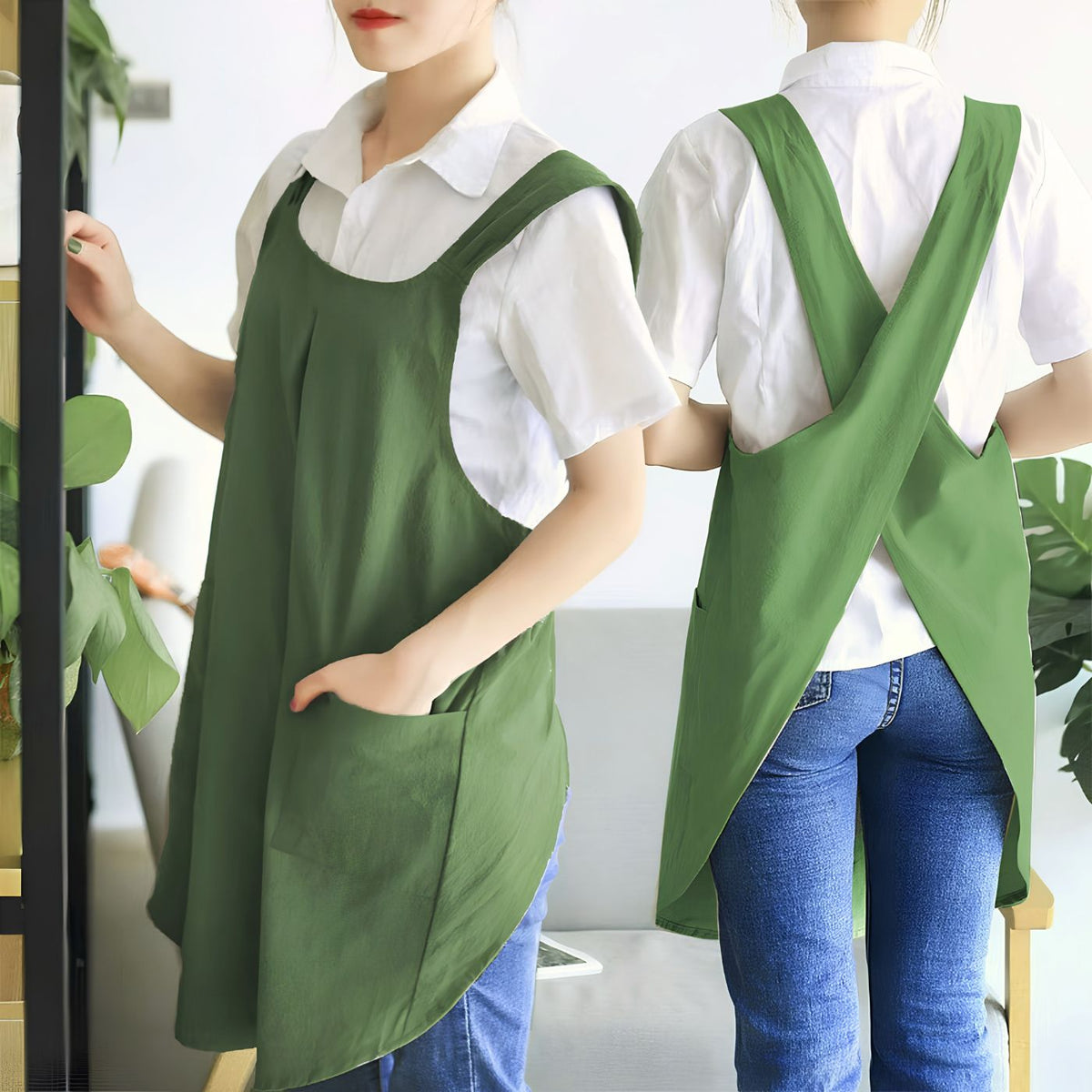 Green cross-back kitchen apron with two front pockets