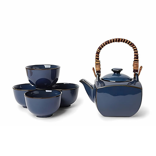 Namako Blue Square Japanese Tea Set – Ceramic Teapot with Strainer and 4 Cups