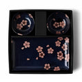 Ceramic sushi set for two with sakura design plates, sauce dishes, chopsticks in black gift box