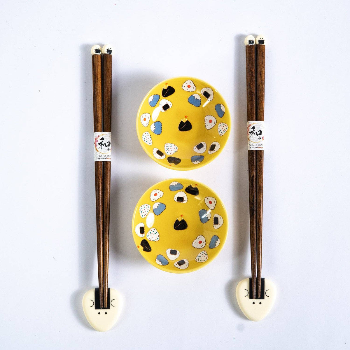 Bamboo chopsticks with ceramic onigiri chopstick rests