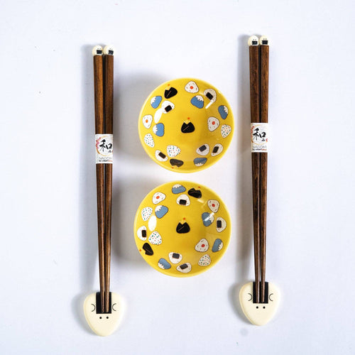 Bamboo chopsticks with ceramic onigiri chopstick rests