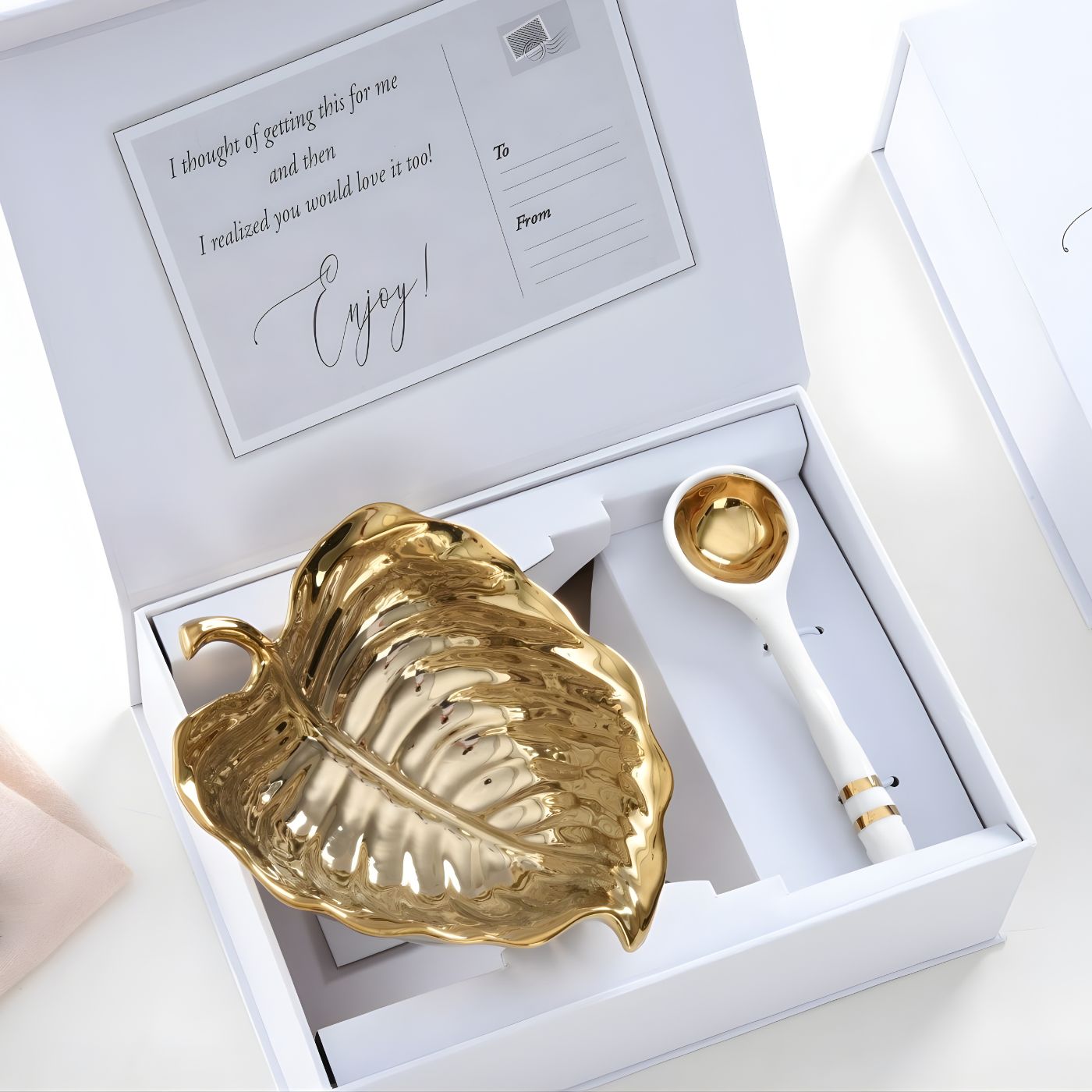Gold Leaf porcelain gift set packaged in box with gift message