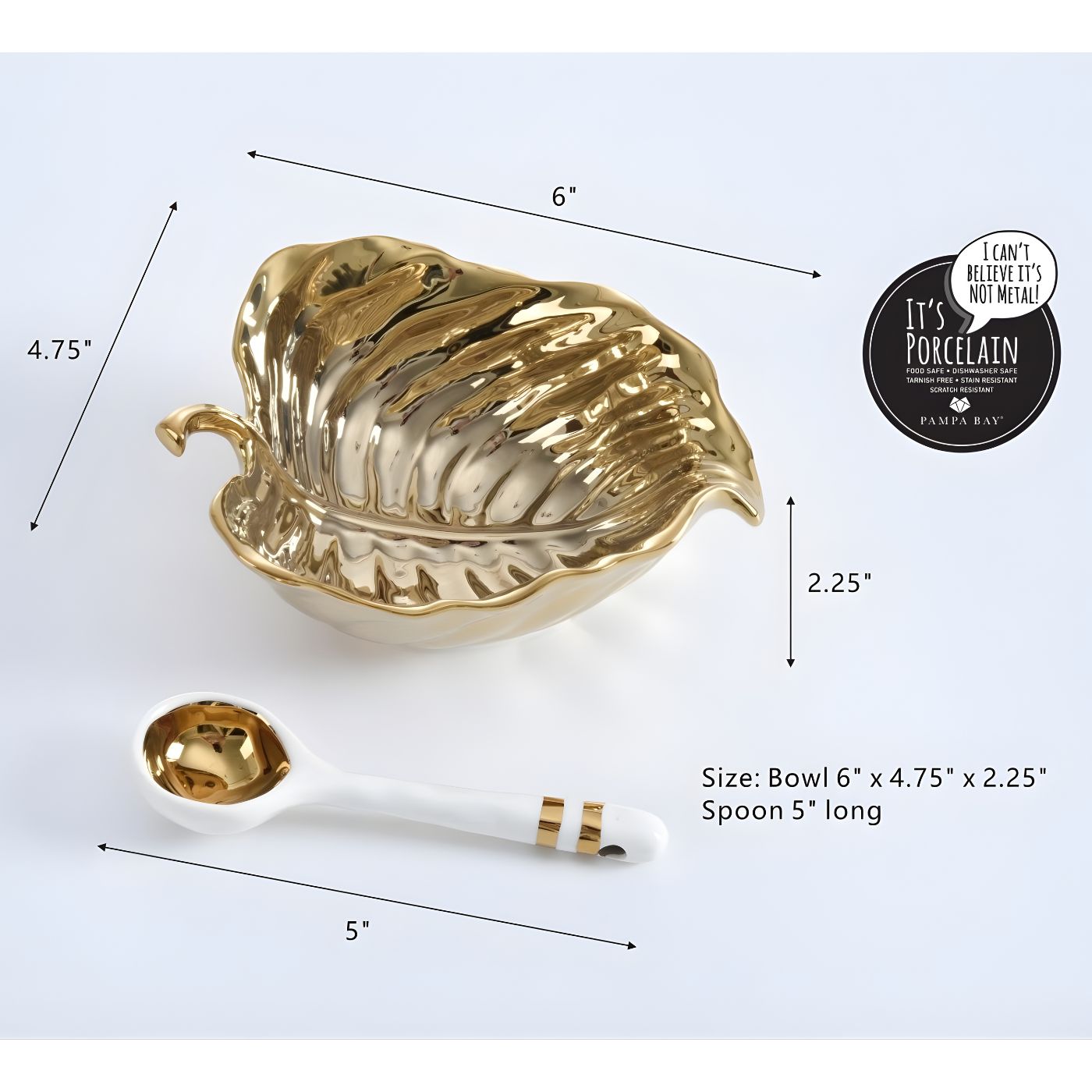 Gold leaf porcelain bowl and spoon gift set dimensions