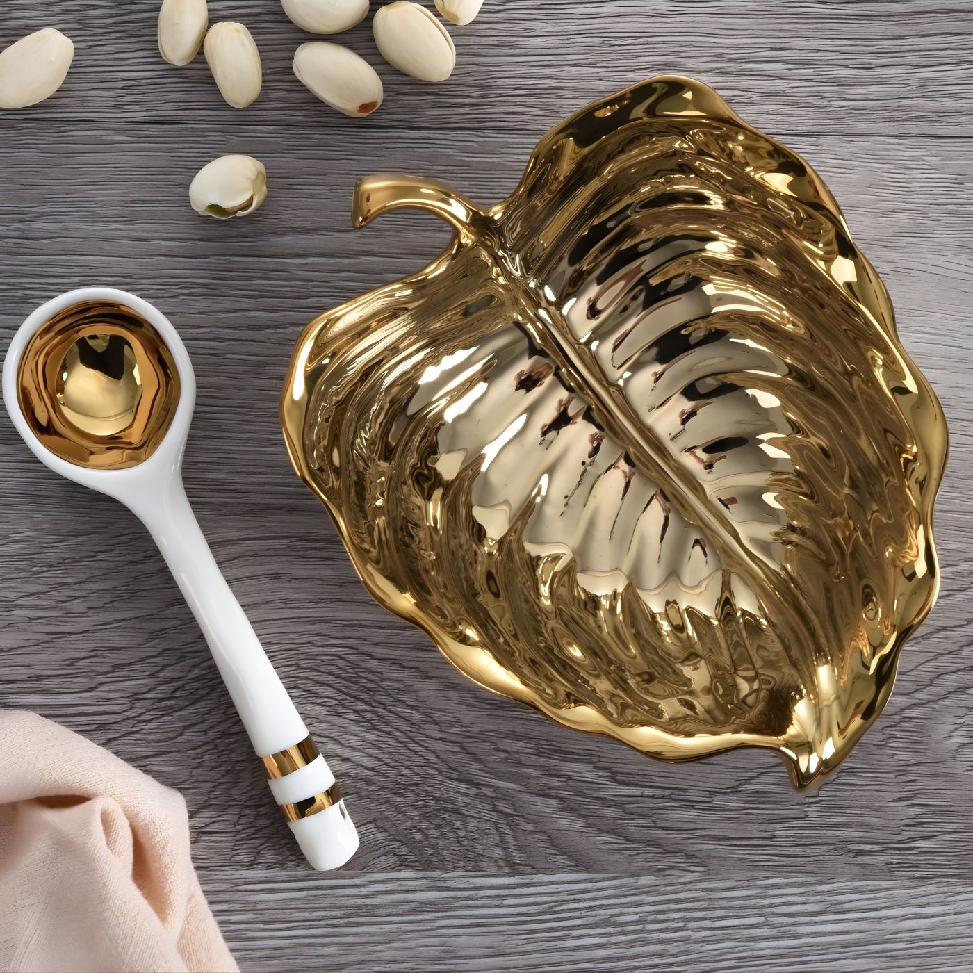 Gold leaf porcelain bowl and spoon gift set  on table