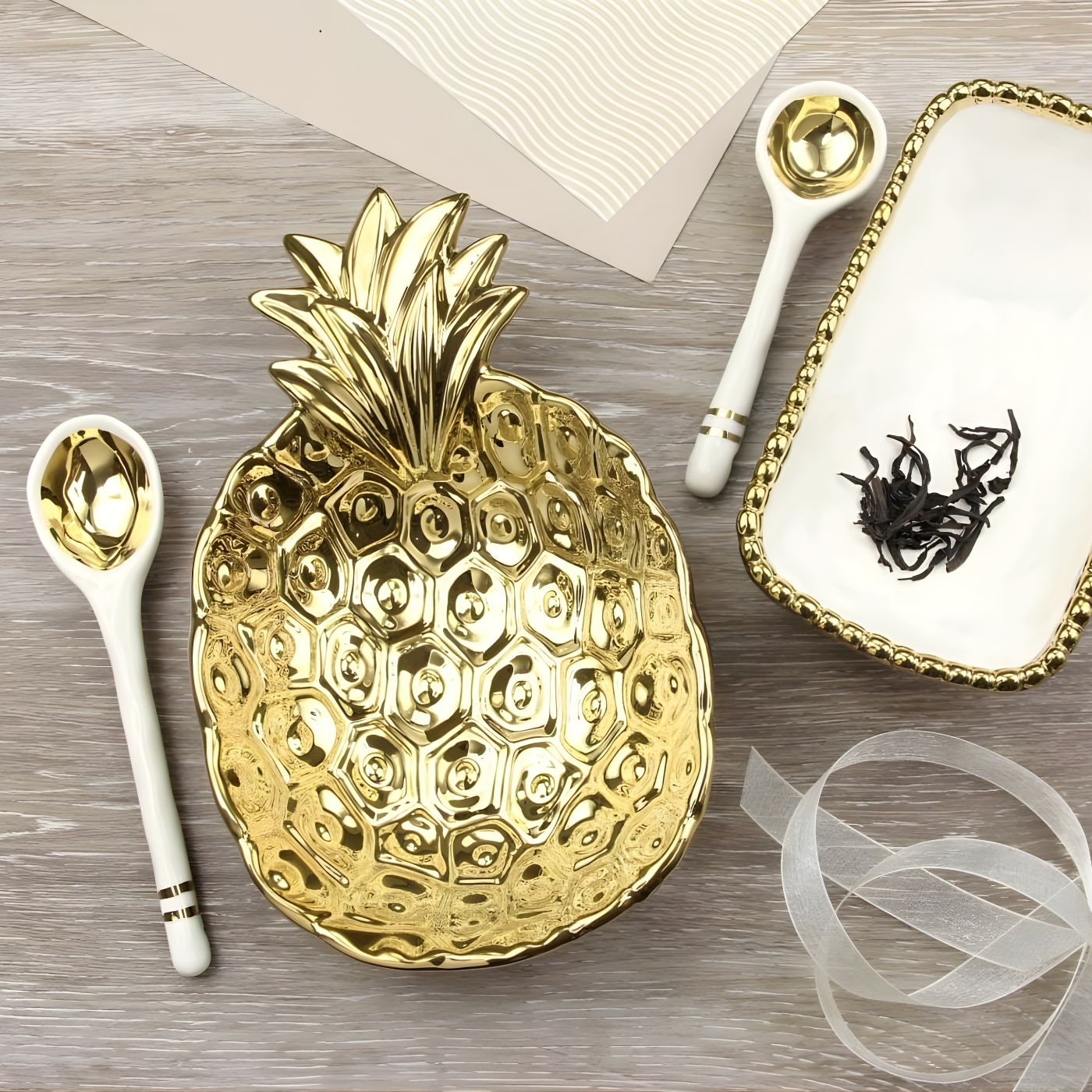 Pineapple shaped gold porcelain serving bowl with matching spoon