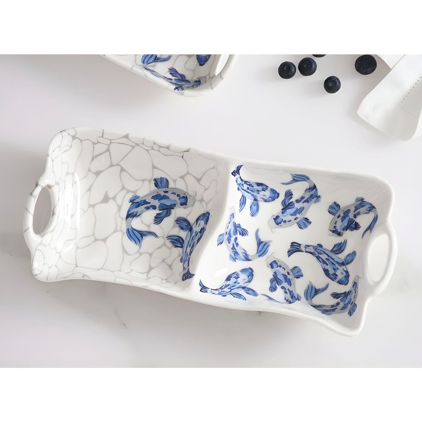 Blue koi divided melamine tray top view