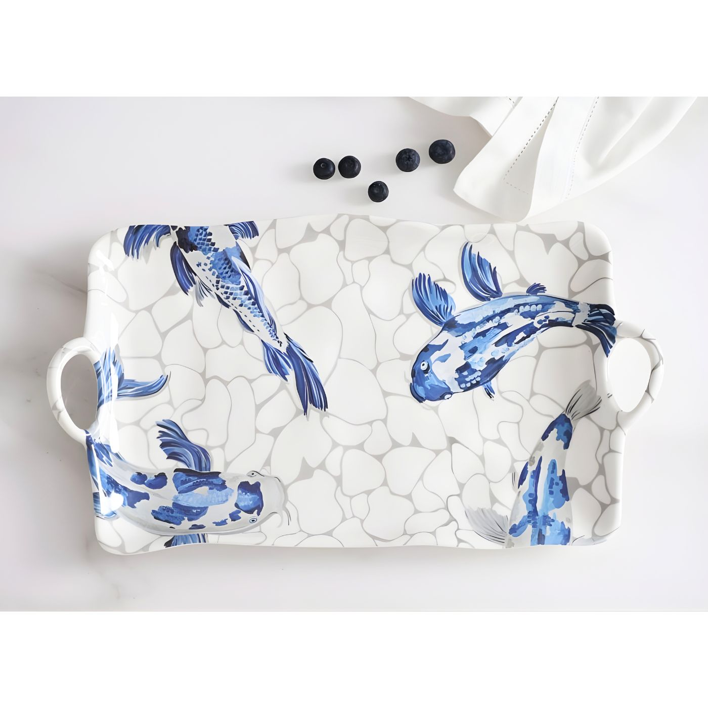 Blue koi melamine serving tray top view