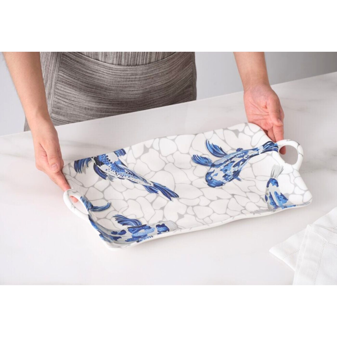 Pampa Bay KOI large serving platter blue design size comparison