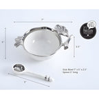 White porcelain pomegranate bowl with silver trim and spoon dimensions